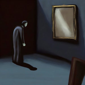 Fear of Mirrors I Man Alone Empty Dark Room Shadows Surreal Painting Art Print