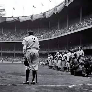 May include: A baseball player wearing a striped uniform with the number 3 on the back stands on a baseball field. The player is looking down at the ground. The player is surrounded by other players and fans in the background.