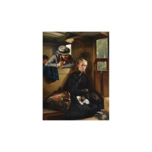 May include: An oil painting depicts a woman in a black dress and cape seated in a train car. A man in a gray suit and hat peers over the partition. A large bag with a floral design sits on the floor. The scene is set in a train car.