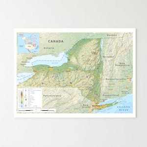 May include: A framed map of New York State, showing the state's topography in shades of green, brown, and blue. The map includes labels for cities, bodies of water, and neighboring states and Canada. A smaller inset map of the USA is in the upper left corner.