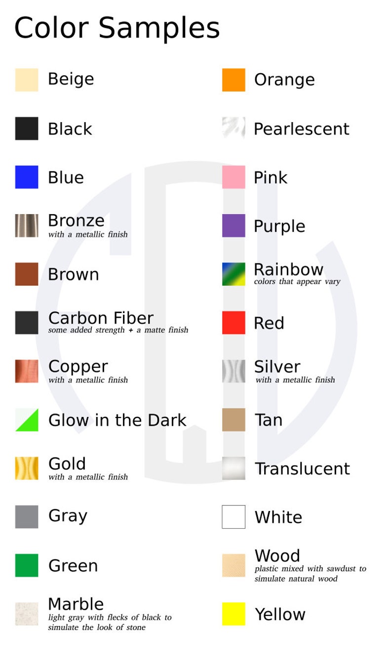 Pu&ograve; includere: Tabella di campioni di colore con 20 colori e finiture diverse, tra cui beige, nero, blu, bronzo, marrone, fibra di carbonio, rame, fosforescente, oro, grigio, verde, marmo, arancione, perlescente, rosa, viola, arcobaleno, rosso, argento, marrone, traslucido, bianco, legno e giallo.
