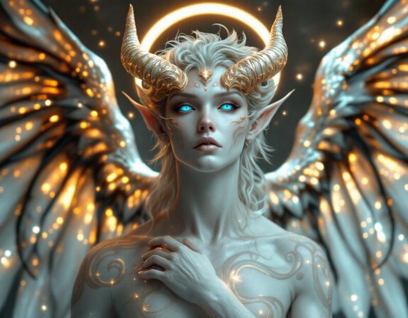 An Angelic Being With Golden Horns and Glowing Blue Eyes Poster Print ...