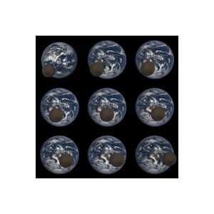 May include: A series of nine images showing the moon passing in front of the Earth. The images show the moon gradually covering the Earth, then moving away again.