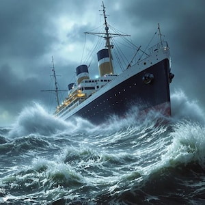 May include: A large, dark blue ocean liner ship with white accents sails through a stormy sea with large, white-capped waves.