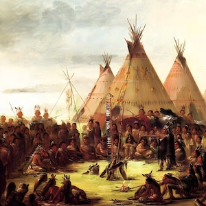 May include: An oil painting depicts a gathering of Native Americans in a grassy field. Several tipis are in the background. A large group of people are gathered, some seated, some standing, with a central figure addressing the crowd.