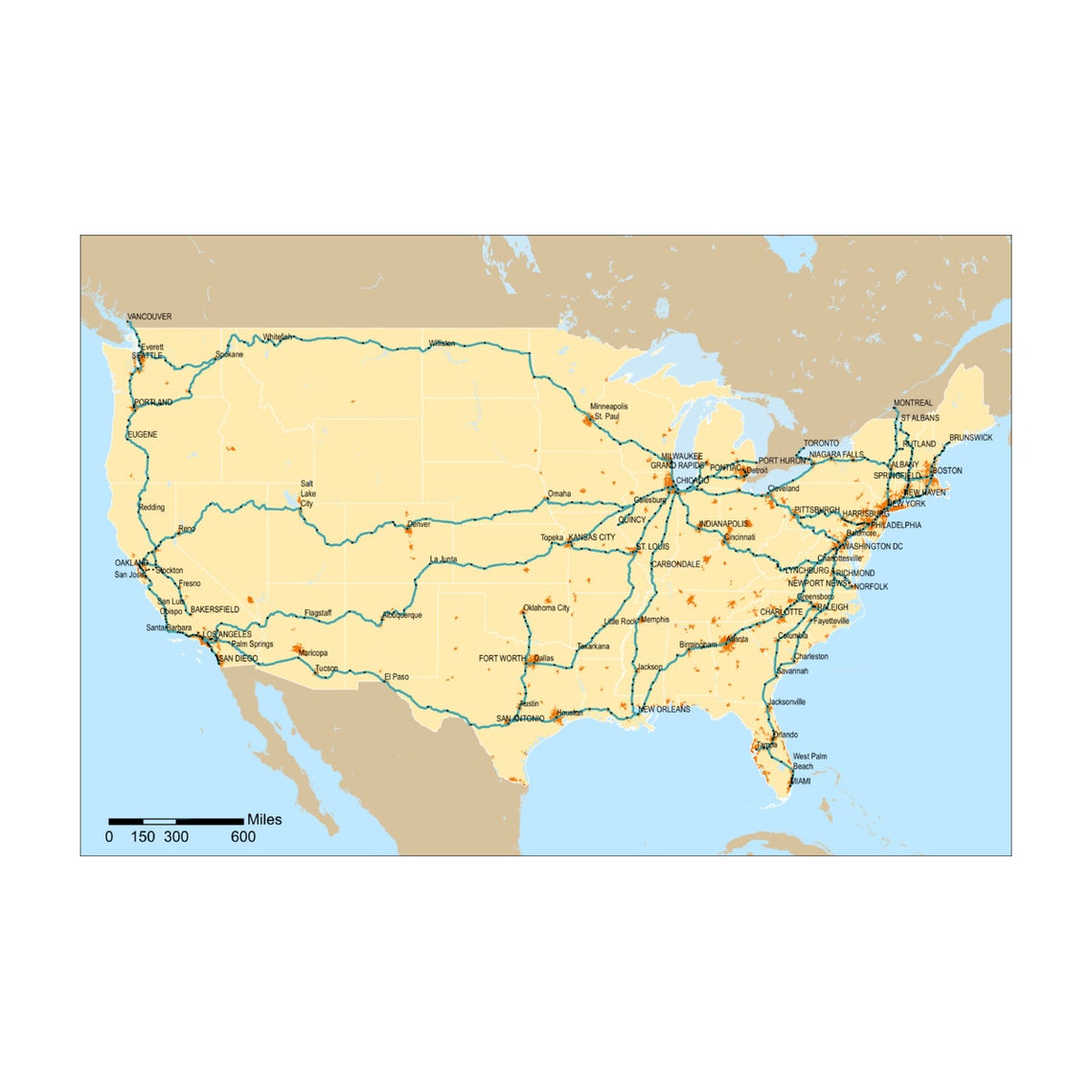 Amtrak Network Map U.S. United States Rail Railroad Map  Etsy