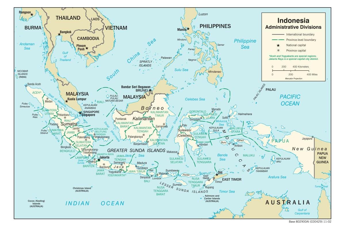 Mapa de Indonesia mostrando Java, Bali, Lombok, Sumatra, Flores y Komodo.
