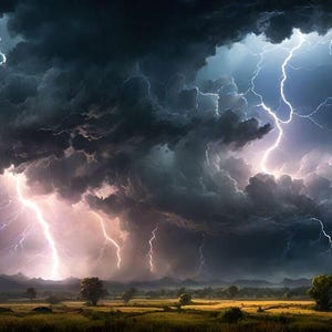 May include: A dramatic landscape with a dark, stormy sky filled with lightning bolts. The lightning strikes are visible through the thick, gray clouds. The landscape below is green and grassy with trees and hills in the distance.