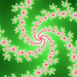 Pode incluir: Arte digital abstrata com um padrão de espiral de formas vermelhas e brancas sobre um fundo verde.