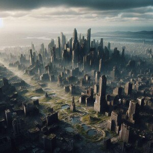 Peut inclure: Vue aérienne d'une ville post-apocalyptique. L'image montre un paysage urbain en ruine avec de grands bâtiments en ruine et une végétation envahissante. Le ciel est couvert et l'ambiance générale est sombre et désolée.