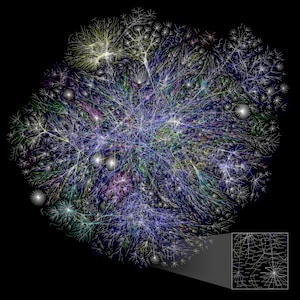 May include: A colorful, abstract illustration of a network, resembling a web or a tree with many branches. The illustration is set against a black background and features a variety of colors, including blue, green, yellow, and purple. A smaller, zoomed-in section of the network is shown in the lower right corner.