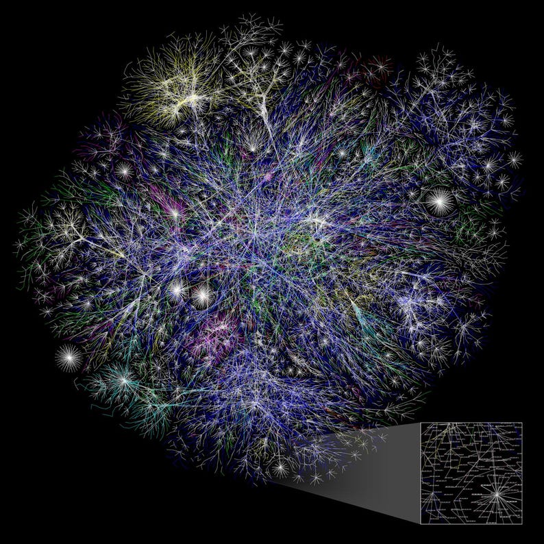 May include: A colorful, abstract illustration of a network, resembling a web or a tree with many branches. The illustration is set against a black background and features a variety of colors, including blue, green, yellow, and purple. A smaller, zoomed-in section of the network is shown in the lower right corner.