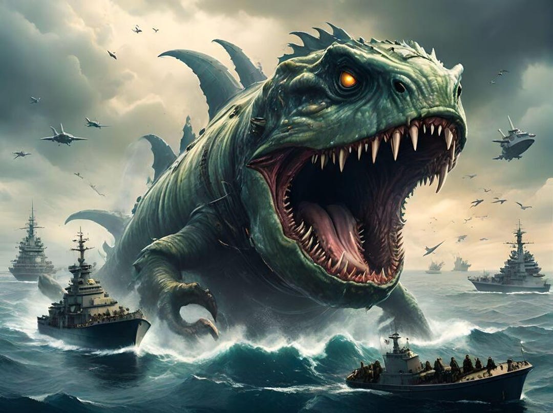 Sea Monster Creature Rising From Ocean Waves Attacking Ships Poster Art ...