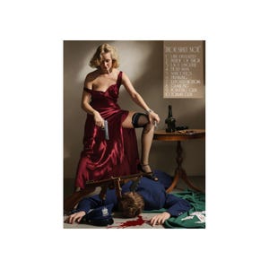 May include: A woman in a red satin dress stands over a man in a blue uniform, holding a gun. A tommy gun lies on the floor. The image includes text that reads "THOU SHALT NOT" with a list of forbidden acts.