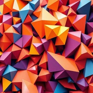 May include: Abstract geometric composition of colorful 3D shapes. The image features a dense arrangement of triangular and pyramidal forms in shades of orange, red, purple, and blue. The shapes are arranged in a seemingly random pattern.