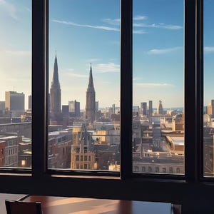 Puede incluir: Vista de una ciudad a través de una ventana, con edificios altos y torres de iglesias bajo un cielo azul. El marco de la ventana es oscuro, y se ve una mesa y sillas en primer plano.