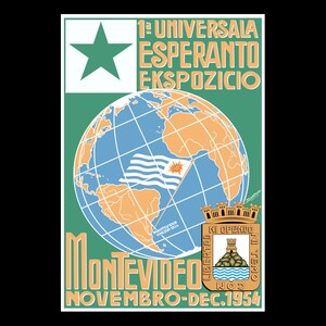 May include: A green and blue poster with a white star, a globe, and the text "1-a Universala Esperanto Ekspozicio Montevideo Novembro-Dec. 1954".
