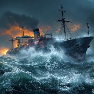 May include: A large cargo ship with a dark blue hull and a white superstructure sails through a stormy sea with large, choppy waves. The sky is dark and stormy with a hint of orange in the distance.