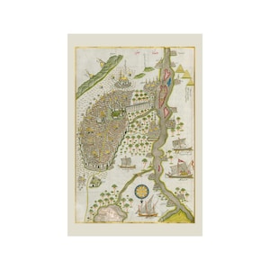 May include: Antique map print featuring a detailed illustration of a city with a river running through it. The map includes boats, trees, and buildings, with a compass rose and decorative borders. The color palette includes shades of brown, green, and blue.