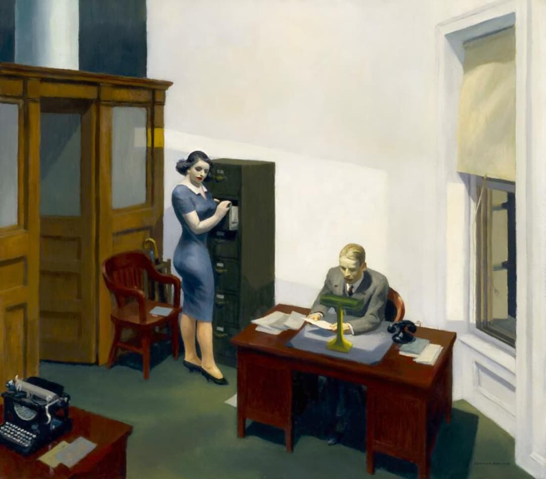 夜のオフィス エドワード・ホッパー 1940年 男性と女性 秘書 絵画