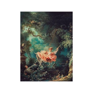 Puede incluir: Pintura clásica que representa a una mujer con un vestido rosa en un columpio en un bosque. Un hombre yace en el suelo, y otra figura empuja el columpio. La escena se desarrolla en medio de una exuberante vegetación verde.