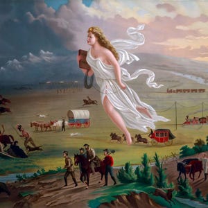 Impresión artística de la pintura &quot;American Progress&quot; de John Gast, &quot;Manifiesto Destino Expansión al Oeste&quot;.