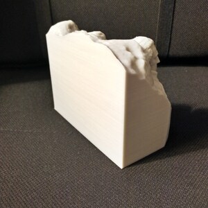 Pu&ograve; includere: Una scultura bianca stampata in 3D di una formazione rocciosa. La scultura &egrave; su una superficie testurizzata grigio scuro.