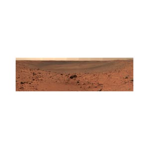 May include: A panoramic view of a red, rocky Martian landscape with a large crater in the distance.