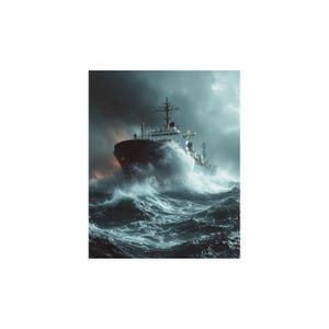 May include: A large cargo ship navigates turbulent, dark blue ocean waves under a stormy sky. The vessel is dark with white and red accents, and a person is visible on the deck. The scene evokes a sense of power and the challenges of maritime travel.