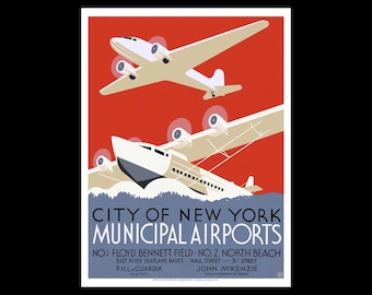 City of New York Airports Travel WPA depressie jaren 1930 zeevliegtuig poster kunstafdruk