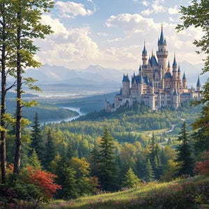 May include: A white castle with many towers sits on a hilltop surrounded by a lush green forest. The castle is visible through the trees in the foreground.