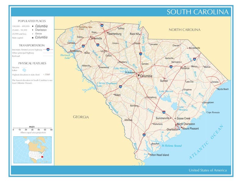 Map of the State of South Carolina United States Political Physical ...