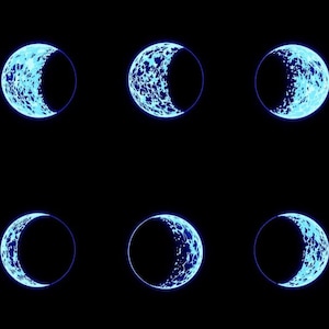May include: Six celestial orbs depicting the phases of the moon against a black background. Each moon is a vibrant blue, with a textured surface and a glowing outline. The phases progress from a full moon to a new moon.