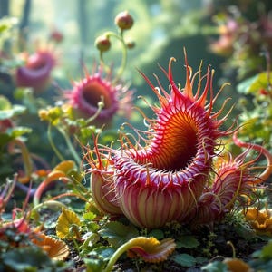 May include: A vibrant image of exotic, otherworldly plants. The plants feature intricate, spiraling structures in shades of red and orange, with delicate, spiky tendrils. The scene is set in a lush, green environment, creating a fantastical botanical display.