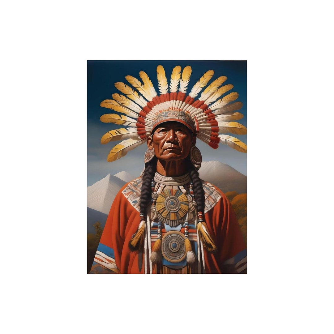 Native American Indian Chief Headdress Mountains Portrait Poster Art ...