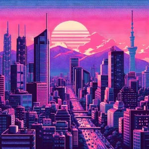 May include: A pixelated cityscape with tall buildings in shades of purple, pink, and blue. The sun is setting behind the city, casting a warm glow over the scene. There are cars driving on a highway in the foreground.