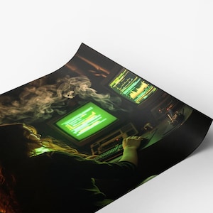 May include: A person sits in a dark room in front of multiple computer monitors with green screens displaying code. The room is filled with smoke.