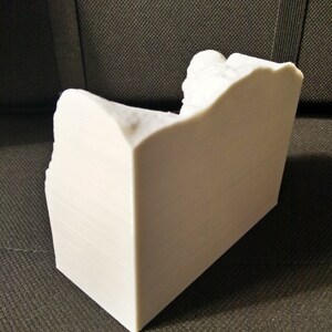 Pu&ograve; includere: Una scultura bianca stampata in 3D di una catena montuosa. La scultura &egrave; realizzata in plastica bianca liscia e ha una superficie testurizzata. La scultura &egrave; appoggiata su una superficie marrone scuro.