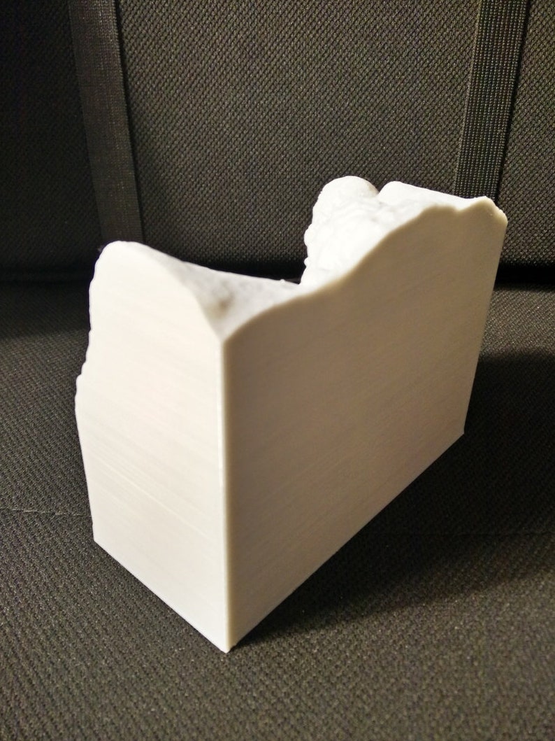 Pu&ograve; includere: Una scultura bianca stampata in 3D di una catena montuosa. La scultura &egrave; realizzata in plastica bianca liscia e ha una superficie testurizzata. La scultura &egrave; appoggiata su una superficie marrone scuro.