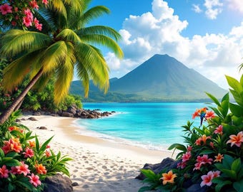 Tropical Beach and Turquoise Water, Palm Trees and Sailboats Poster 18 x 24 in