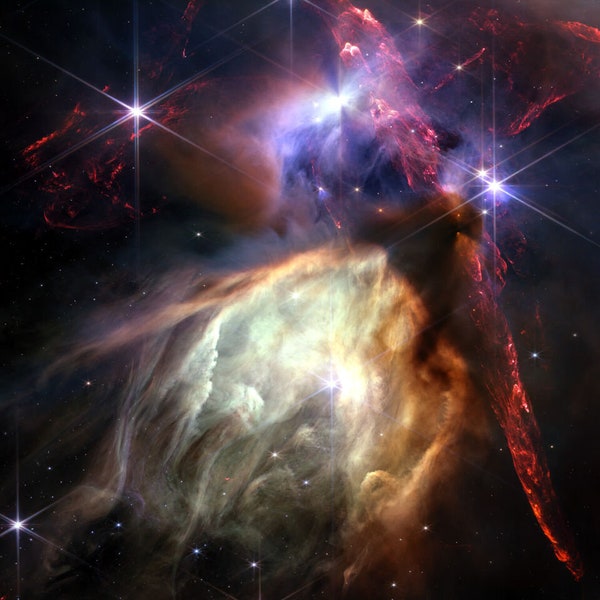 Póster impreso con foto de la nebulosa de formación estelar Rho Ophiuchi, tomada por el telescopio espacial James Webb.