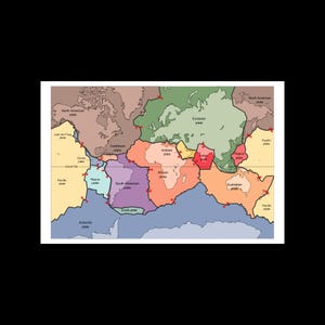 Puede incluir: Un mapa colorido que muestra las placas tectónicas de la Tierra. El mapa destaca los límites de las placas con líneas negras y etiqueta cada placa con su nombre. El mapa incluye las placas Euroasiática, Africana y Australiana.