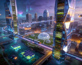 Futuristic Metropolis City Solar Vertical Farms Train Dome Poster Art 24 x 16 in