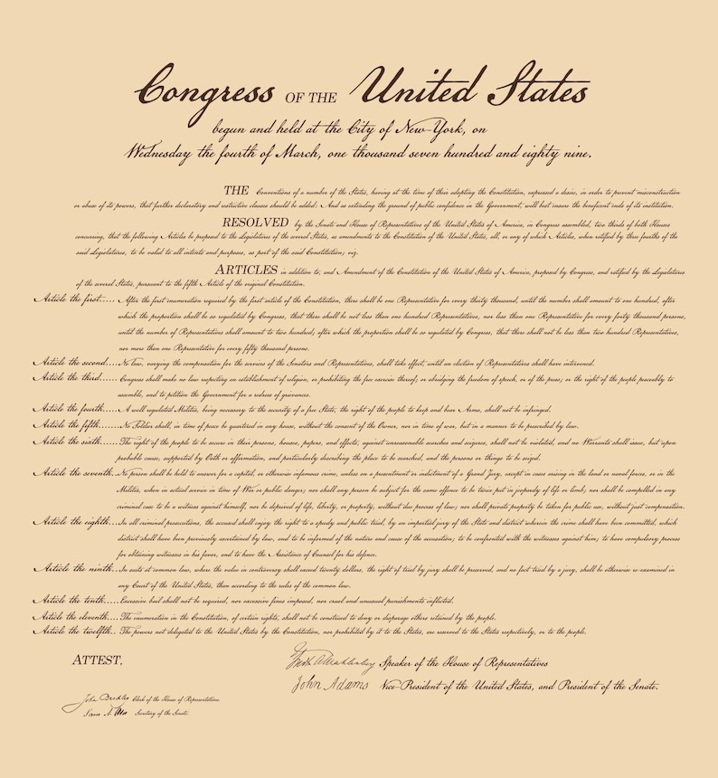 Bill of Rights U.S. United States 1787 Resolution Broadsheet Poster Art ...