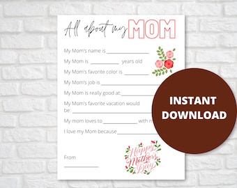 Mothers Day Printable, All About My Mom, Printable for Kids