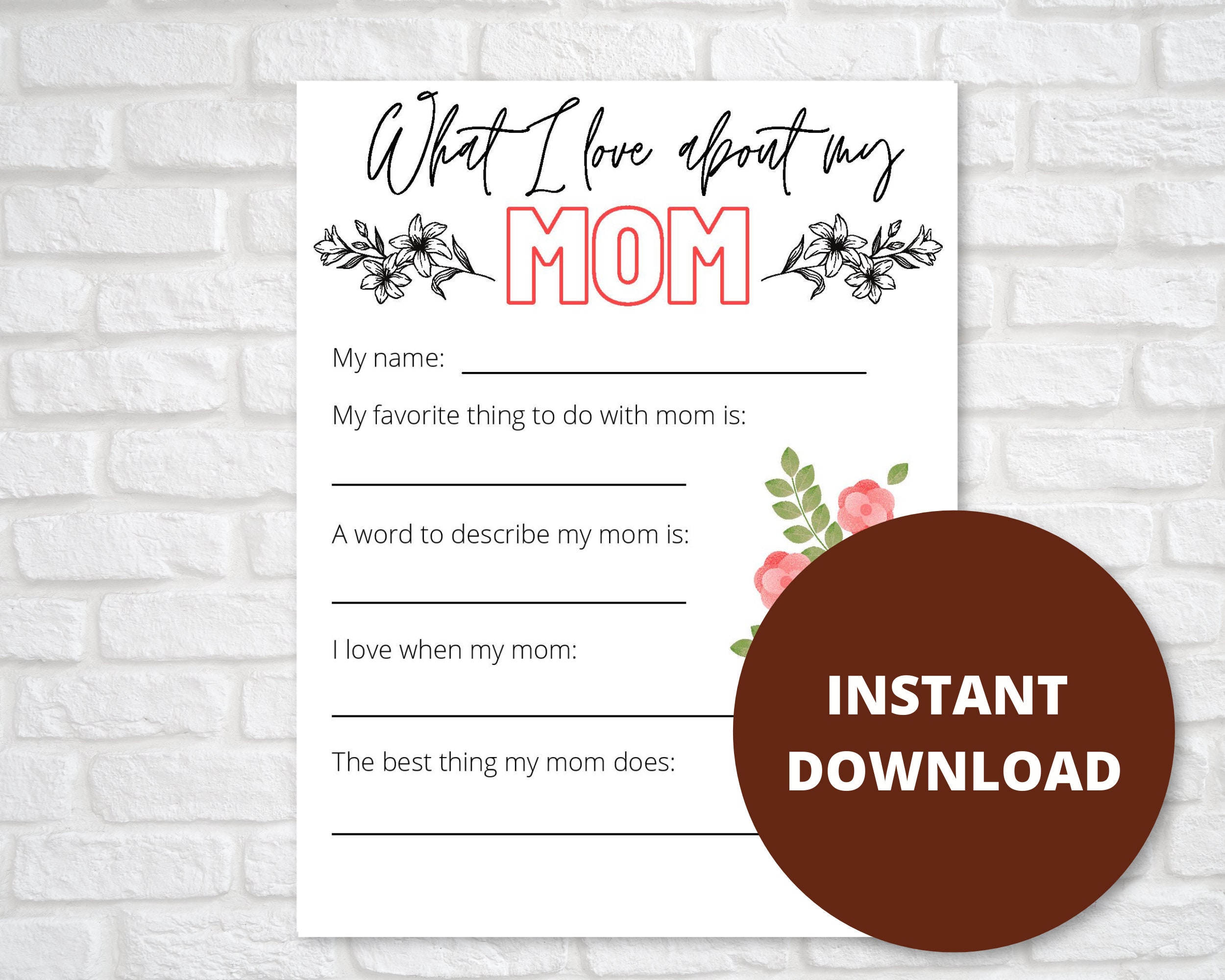 Mothers Day Printable, What I Love About Mom Printable for Kids Etsy