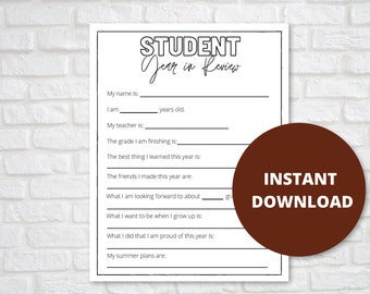 Student Year in Review, End of School Printable for Kids