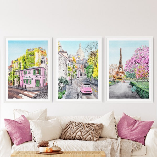 Paris Set of 3, Paris Wall Art, Paris Print, Eiffel Tower, Montmartre Print, Watercolor Print, Printable Art, Europe Print, Travel Gift