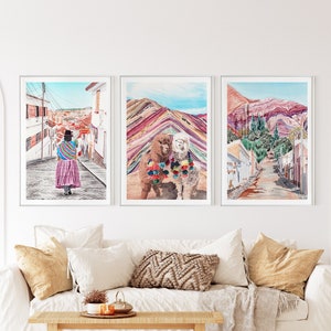 Ensemble de 3 art imprimable des Andes, Vinicunca, Pérou, impression d'alpaga, Purmamarca, Argentine, aquarelle, Bolivie, art du voyage, cadeau de pendaison de crémaillère