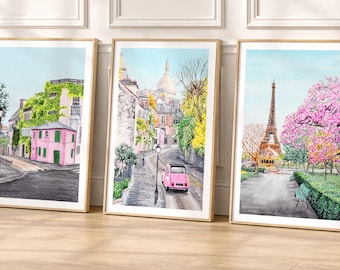 Parijs aquarel muur kunst set van 3 Parijse shabby chique roze slaapkamer Eiffeltoren coquette appartement decor digitale download | NorrskenArt